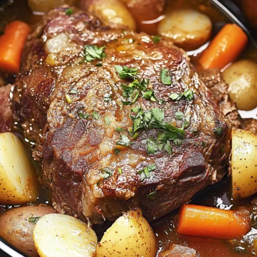 The Best Bone-In Beef Chuck Roast Recipe 4 Slow cooked bone-in beef chuck roast with carrots and potatoes in a savory broth