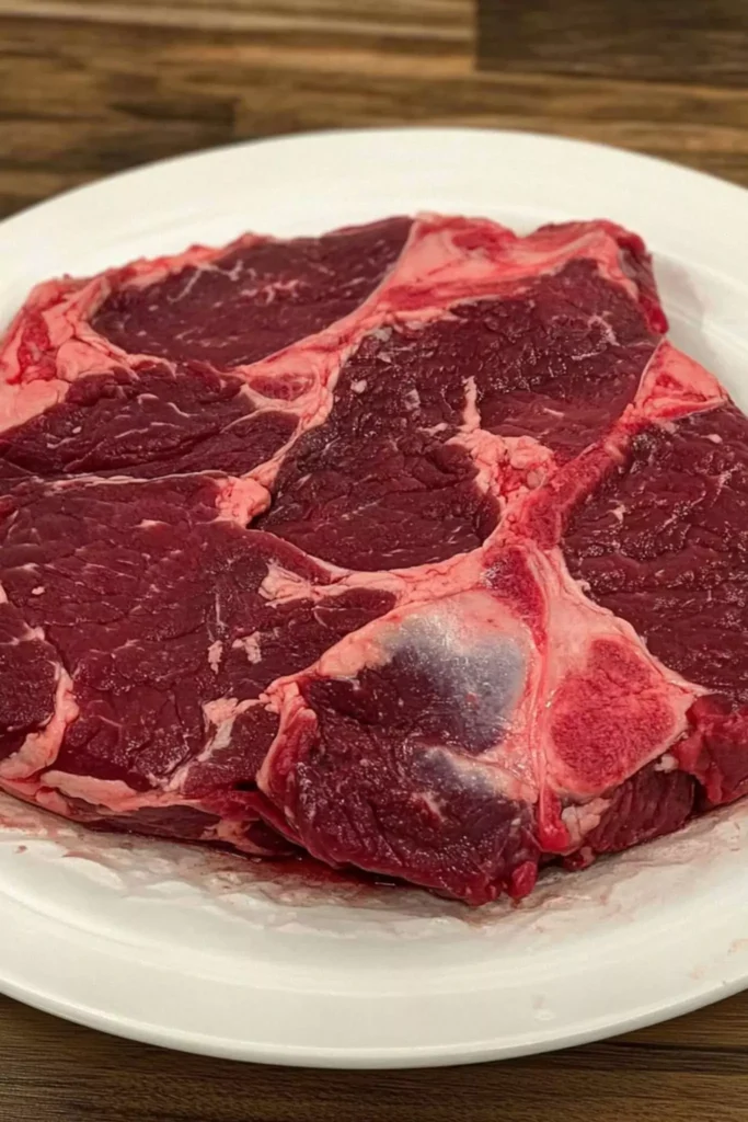 The Best Bone-In Beef Chuck Roast Recipe 1 Raw bone-in beef chuck roast on a white plate, ready for slow cooking