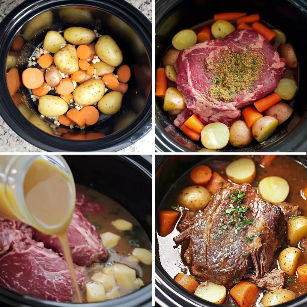 The Best Bone-In Beef Chuck Roast Recipe 2 Step-by-step images showing how to make a bone-in beef chuck roast recipe with carrots and potatoes in a slow cooker