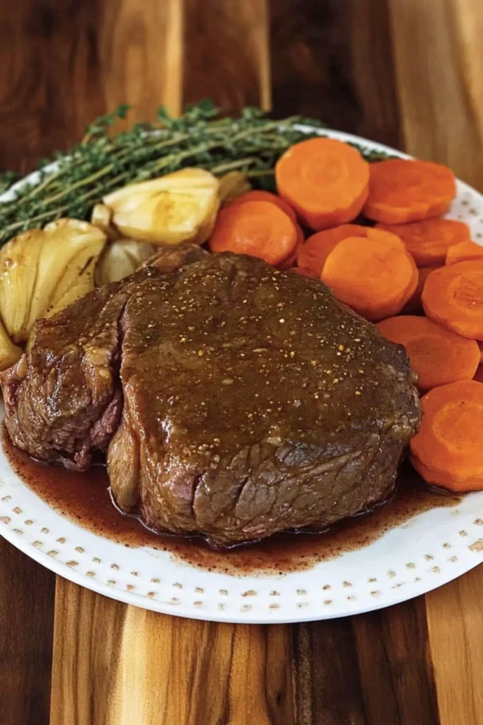 The Best Bone-In Beef Chuck Roast Recipe 3 Cooked bone-in beef chuck roast served with carrots, onions, and herbs on a white plate