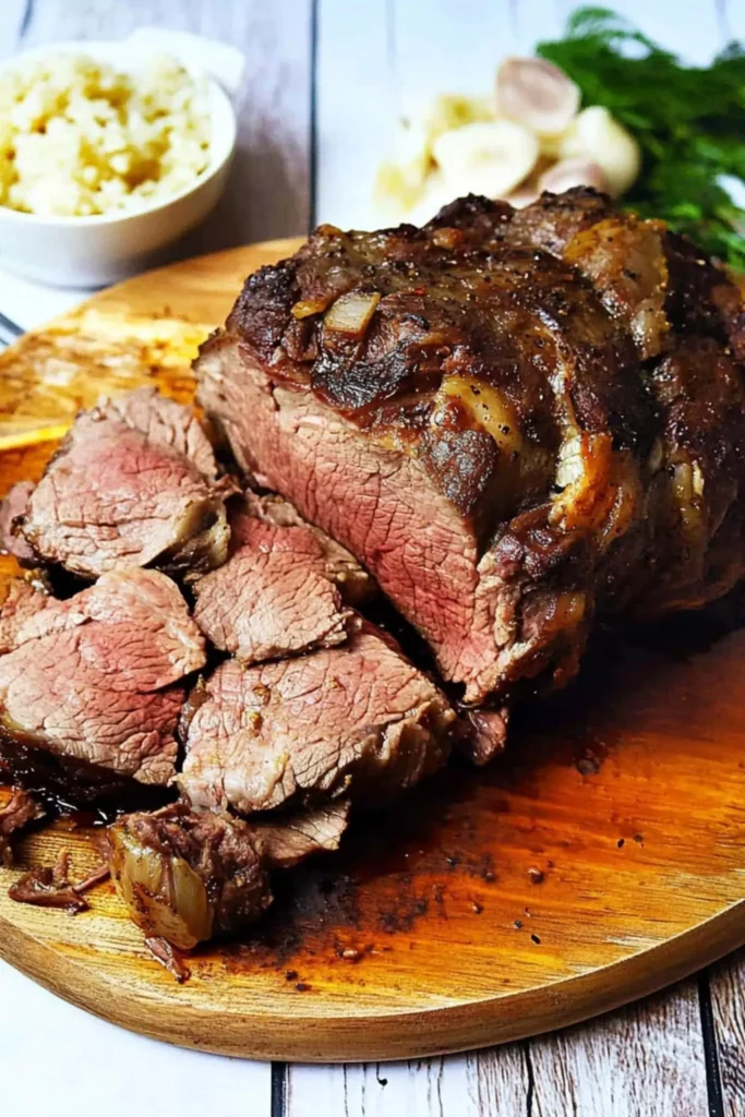 keto beef chuck roast recipe 3 Sliced keto beef chuck roast served on a wooden board with a bowl of cauliflower rice in the background