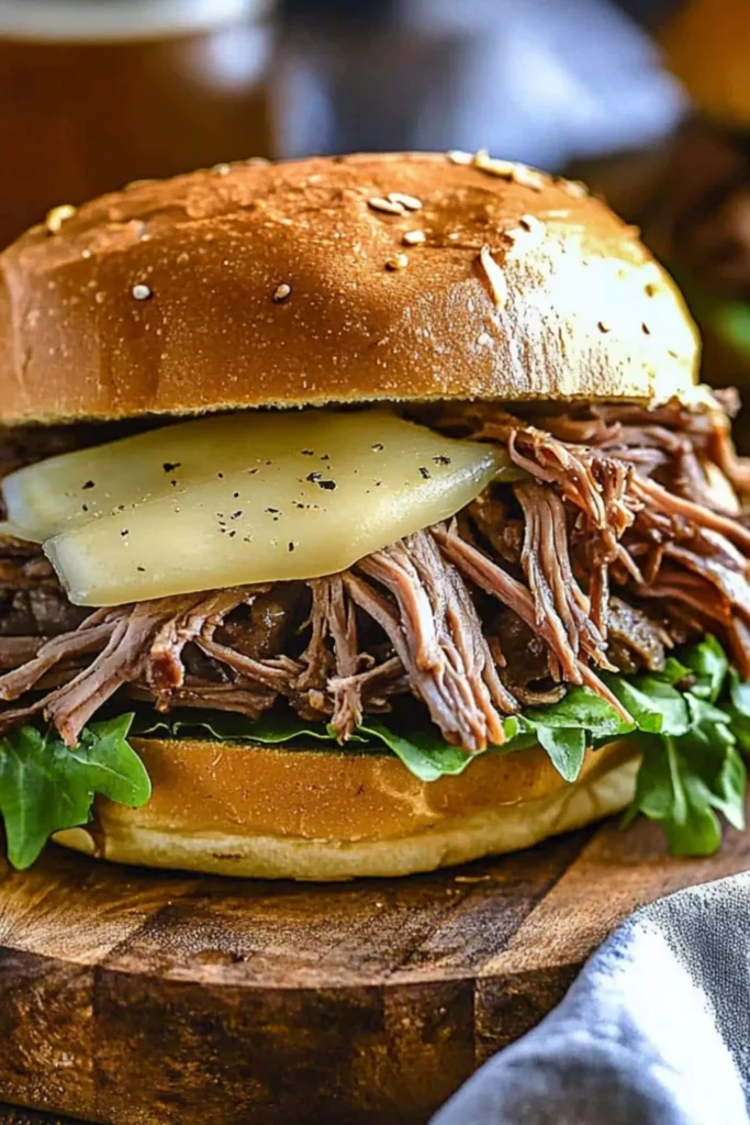 Leftover beef chuck roast sandwich with sliced cheese and arugula  and lettuce on a sesame bun – a fresh take on a beef roast recipe.