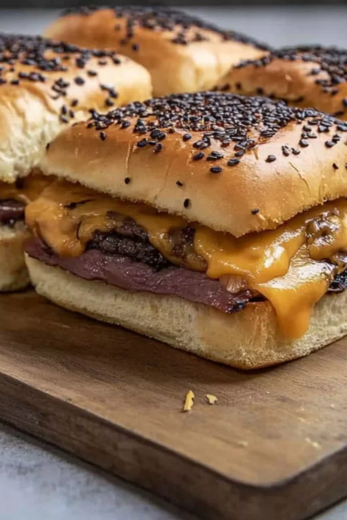 Cheesy roast beef sliders on wood board