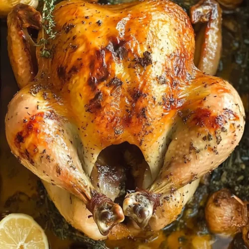 Easy roasted chicken with lemon and garlic 4 Golden brown roasted chicken with lemon, garlic, and herbs in a baking pan — perfect roast chicken recipe for crispy skin and juicy meat.