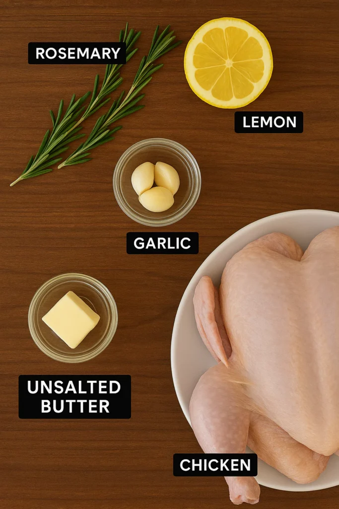 Easy roasted chicken with lemon and garlic 1 Raw whole chicken, garlic cloves, lemon, rosemary, and butter arranged on a wooden table — ingredients for a roasted chicken with lemon and garlic.