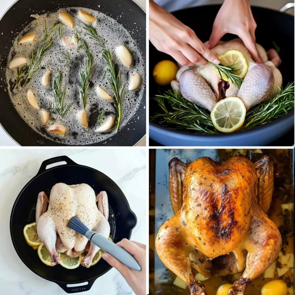 Easy roasted chicken with lemon and garlic 2 Step-by-step process of making roasted chicken with lemon and garlic — from garlic butter prep to stuffing and roasting the chicken to golden perfection