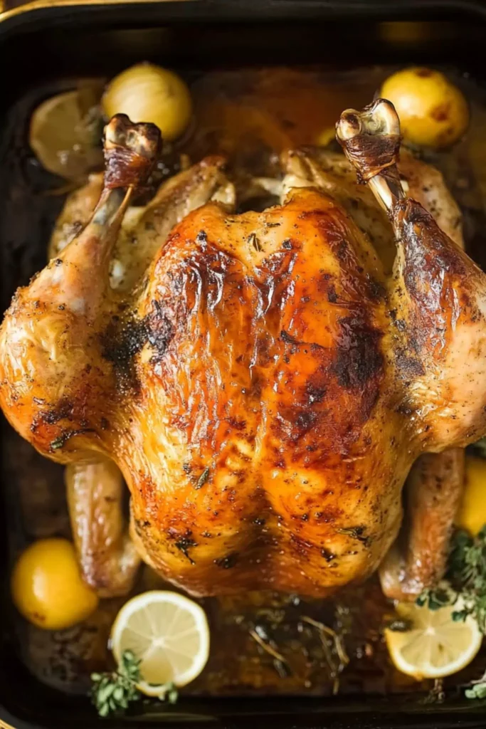 Easy roasted chicken with lemon and garlic 3 Perfectly roasted chicken with crispy golden skin, surrounded by lemon halves, garlic, and herbs — a flavorful roasted chicken with lemon and garlic recipe.
