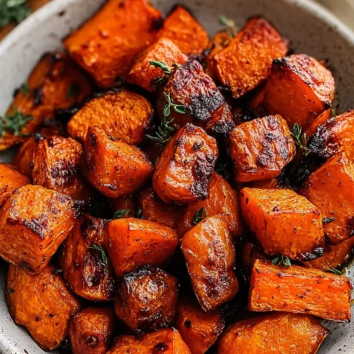 Close-up of caramelized roasted sweet potatoes and carrots in a ceramic bowl, seasoned with garlic, herbs, and maple syrup.