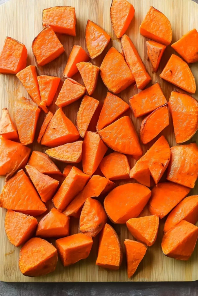 Raw sweet potatoes chopped into chunks on a wooden cutting board, ready for roasting with carrots and herbs.