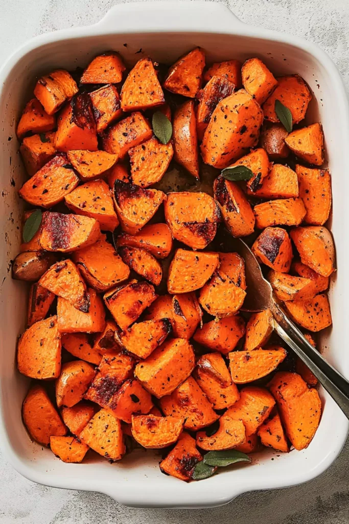 Roasted sweet potatoes in a white baking dish with crispy edges and fresh herbs, ready to serve.