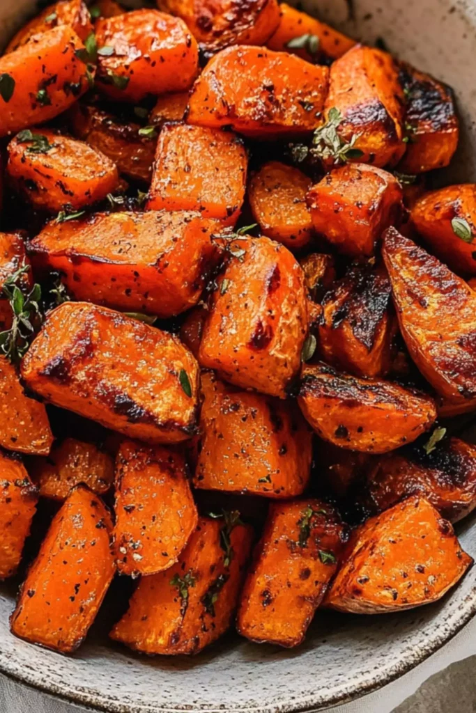 Close-up of caramelized roasted sweet potatoes and carrots with herbs and cracked black pepper.