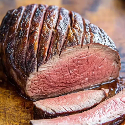 Perfectly smoked venison roast sliced on a wooden cutting board, showing juicy medium-rare doneness.