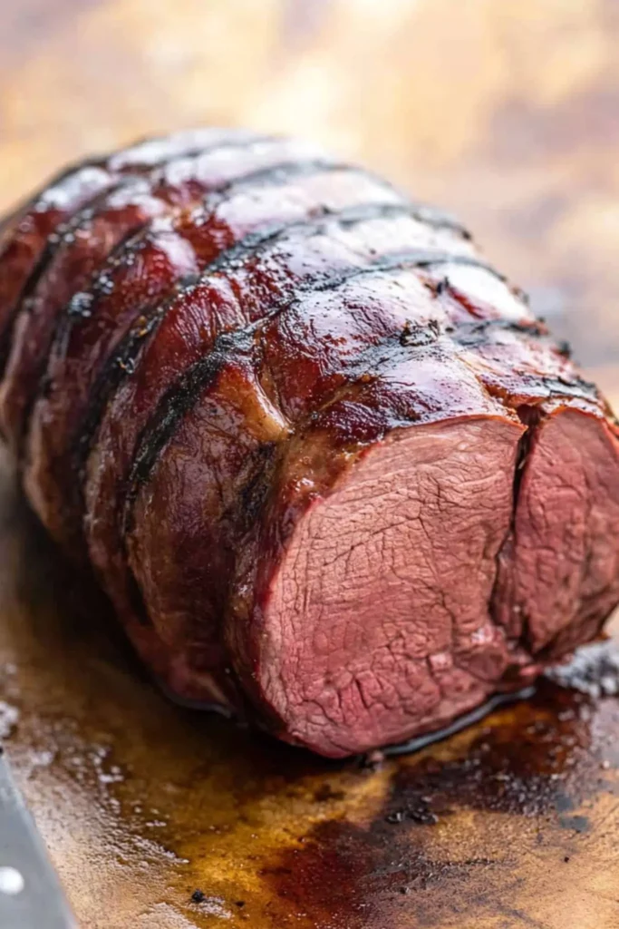 Smoked venison roast resting on a wooden cutting board, showing a juicy pink center and caramelized crust.