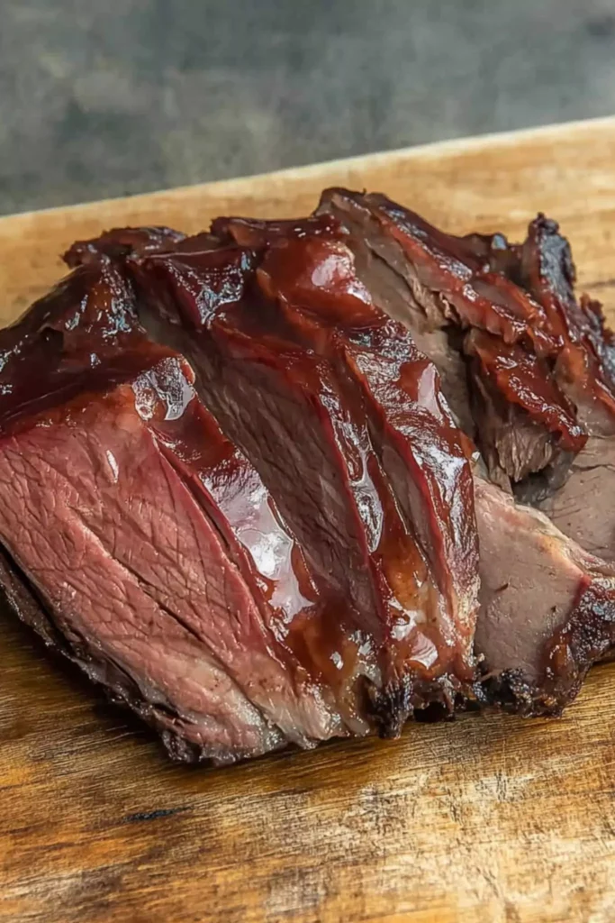 Sliced smoked venison roast glazed with sauce on a wooden cutting board.
