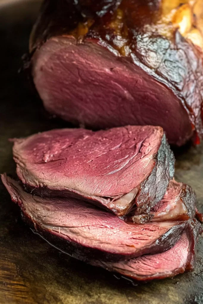 Sliced smoked venison roast showing a tender, juicy pink interior on a cutting board.