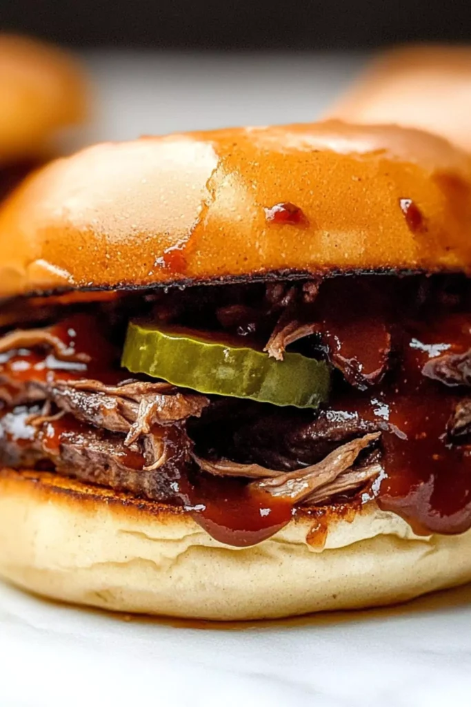 Slow Cooker BBQ Venison Roast Sandwiches 1 BBQ venison roast sandwich with sauce