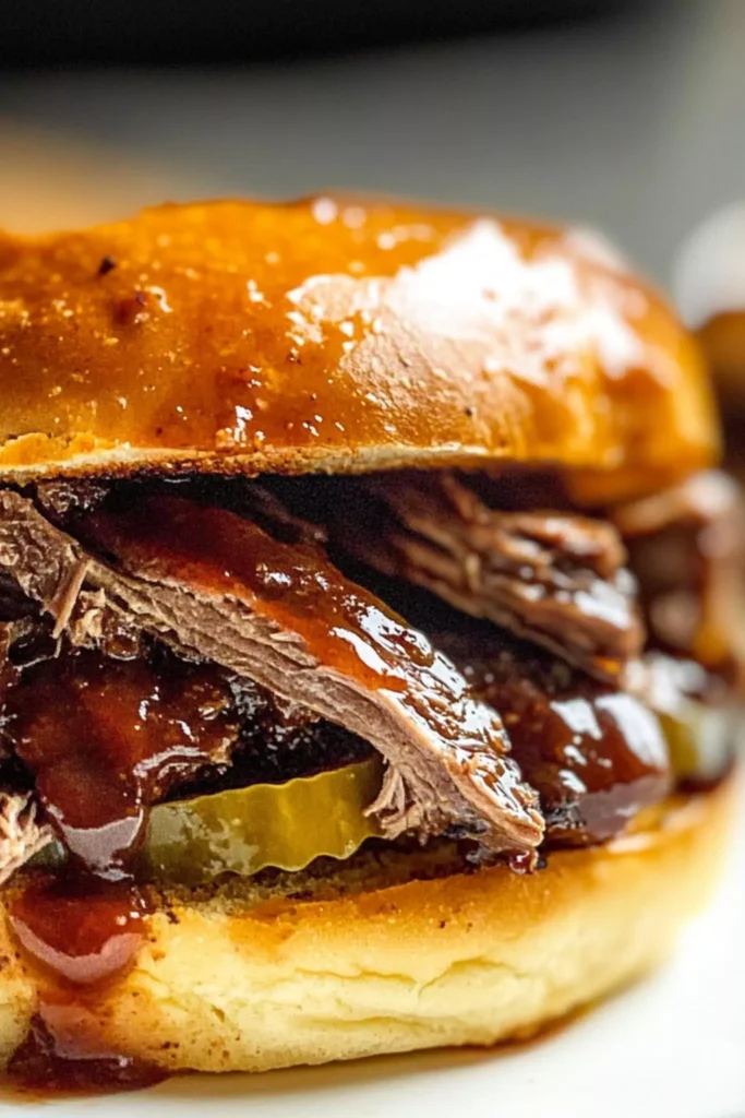 Slow Cooker BBQ Venison Roast Sandwiches 3 BBQ venison roast sandwich close-up