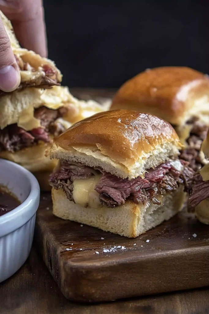 Cheesy roast beef sliders with au jus