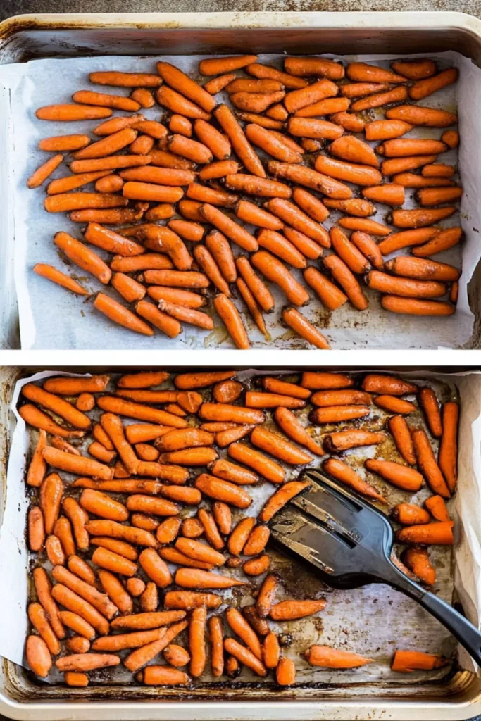 Easy Roasted Brown Sugar Carrots 2 Roasted carrots on baking sheet