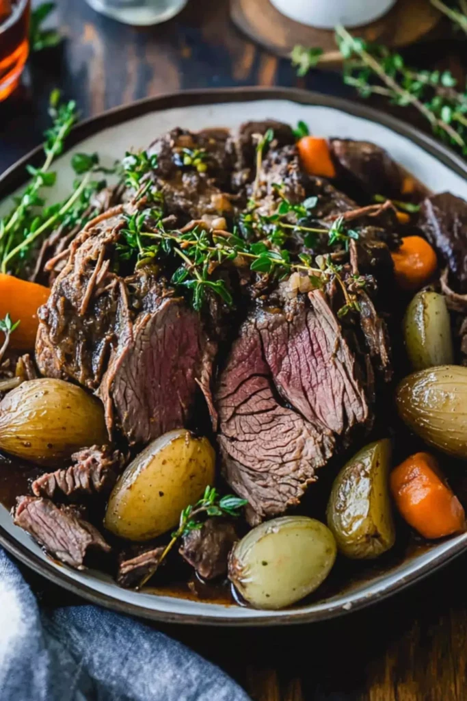 Sliced venison roast with veggies