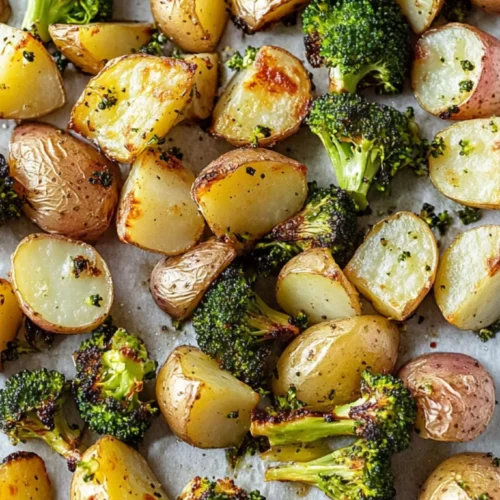 Roasted potatoes and broccoli on sheet pan