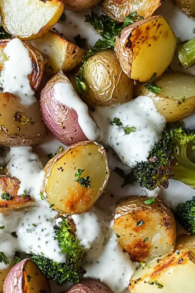 Roasted potatoes and broccoli with yogurt sauce