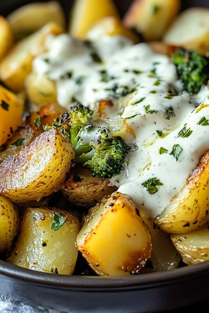 Bowl of roasted potatoes and broccoli with yogurt sauce
