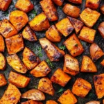roasted sweet potatoes on sheet pan
